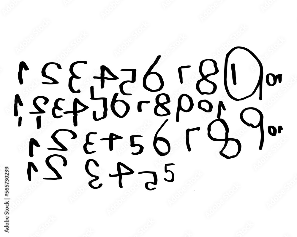 Numbers written by child's hand in reverse, backward. Dyslexia symptom. Dysgraphia. Child's written work example. Dyslexia awareness, diagnosis. Numbers written by child's hand in reverse, backward. Dyslexia symptom. Dysgraphia. Child's written work example. Dyslexia awareness, diagnosis.