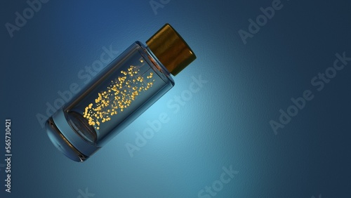 Transparent glass cosmetic bottle with a golden cap on a blue background. Inside the jar, yellow particles or bubbles move, saturating the liquid with moisturizing or nourishing cream or vitamins.