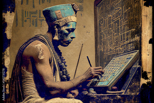 Ancient Egyptian Programmer, Prehistoric Programming, Pharaoh Working on Stone Computer, Generative AI Illustration
