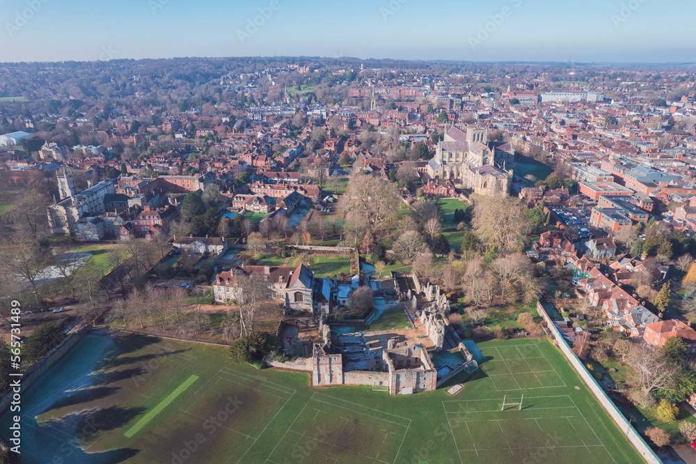Beautiful aerial view of the famous English Heritage site, Wolvesey Castle, the Monumental remains, bishops of Winchester