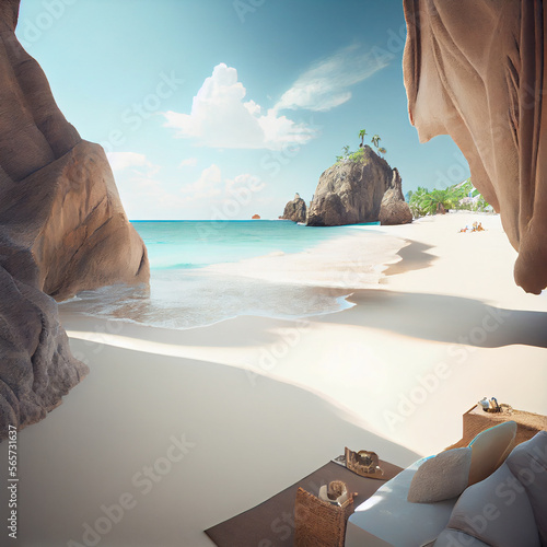 Luxury Hotel on Tropical Coast with White Sand, Beautiful Wild Beach, Palm Trees, Sun, Sea, Generative AI Illustration © artemstepanov