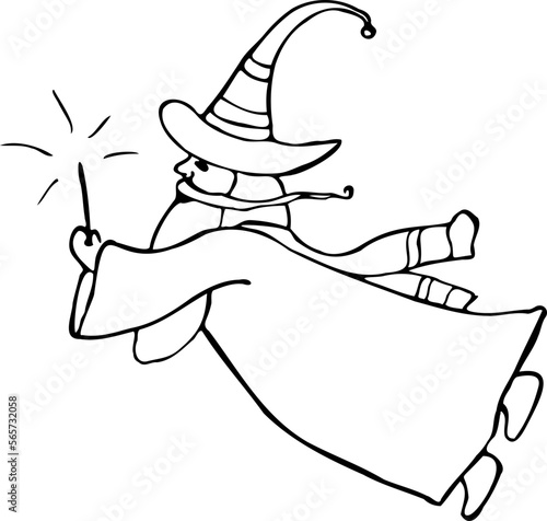 A wizard with a wand in a robe and hat. Logo design vector illustration. Coloring book