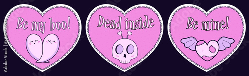 Set of alternative Valentine cards. Creepy clipart. Spooky love. Kawaii pastel goth style. Dead inside. Ragged heart with seam. Be my boo. Ghost couple hugging love.