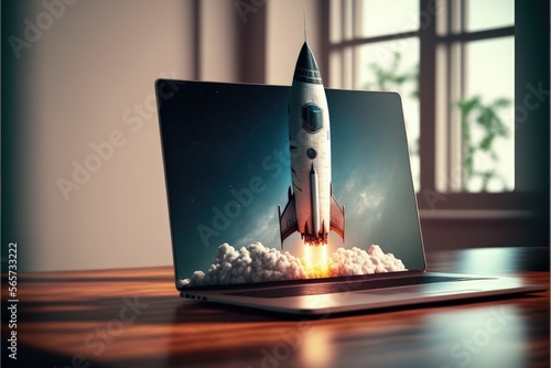 Foto Laptop with rocket coming out of the screen on top of office desk, startup conce