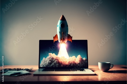 Wallpaper Mural Rocket taking off from laptop screen on top of office desk, startup concept, Generative AI
 Torontodigital.ca