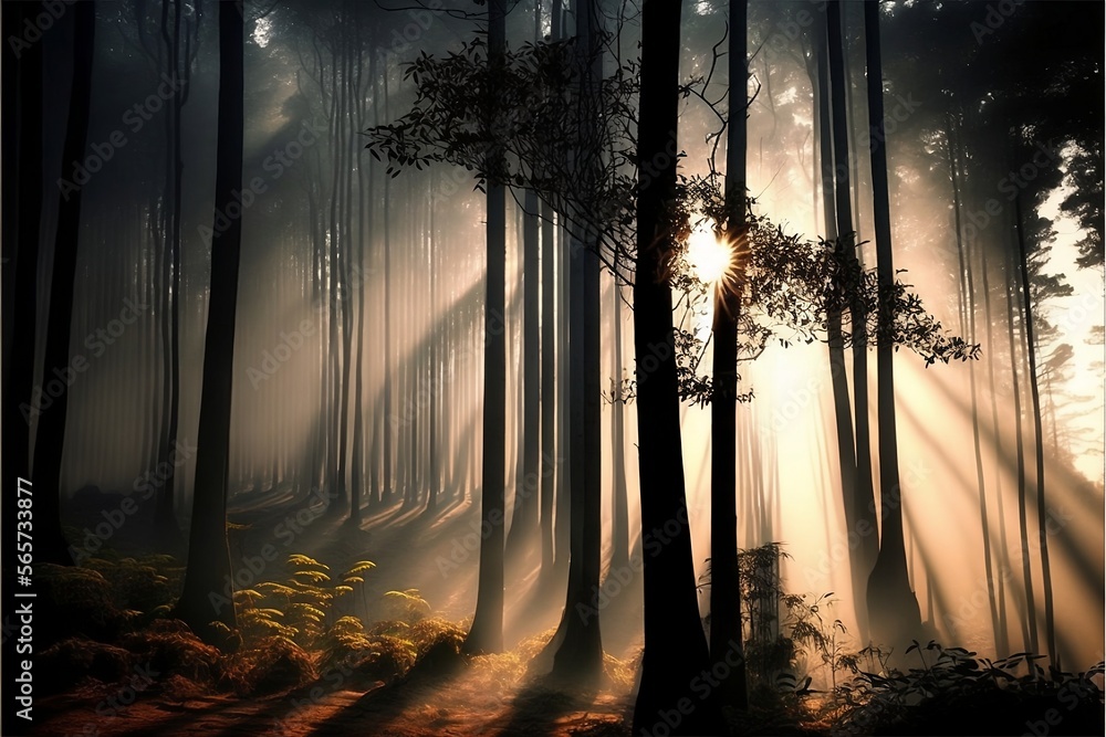 Obraz premium A misty morning in a bamboo forest, with the sun just starting to peek through the trees. Generative AI.