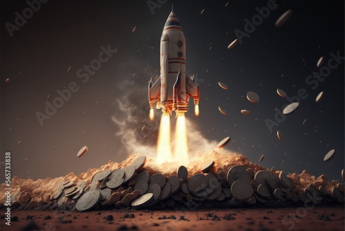 Rocket taking off over stack of coins, startup concept, Generative AI