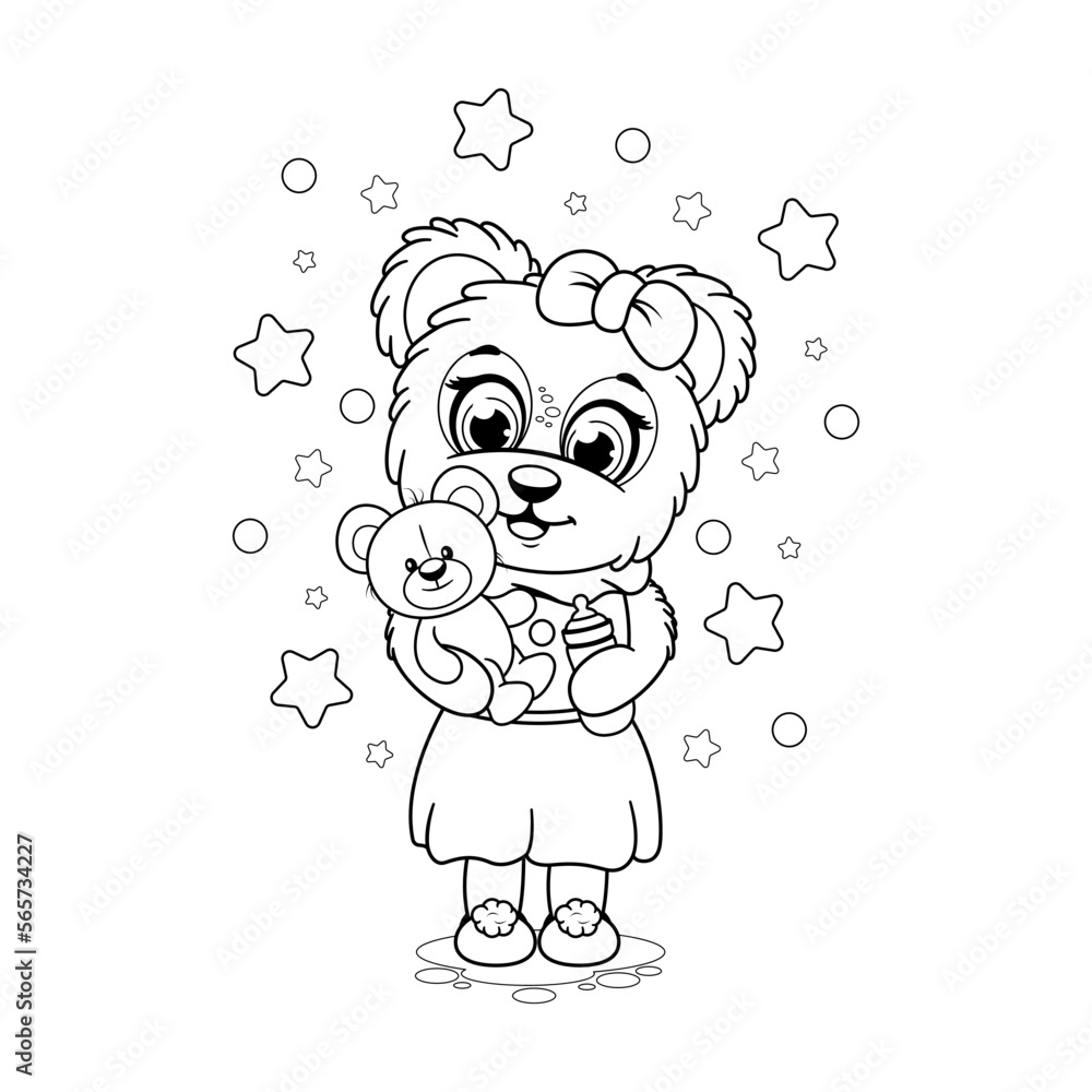 Coloring page. Cute cartoon bear with a soft toy teddy bear and baby bottle Coloring page. Cute cartoon bear with a soft toy teddy bear and baby bottle