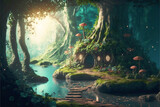 Fairy Lands, magical forest, fungus , enchanting forest, fairy tale, magic forest, generative ai