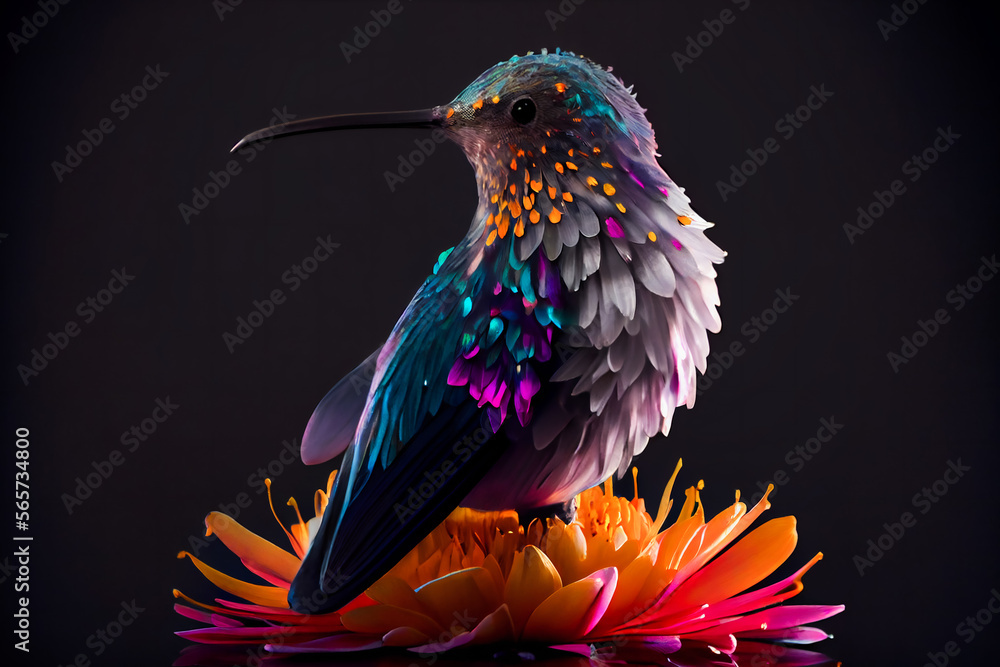  Hummingbird sitting on the flower. Generative AI.