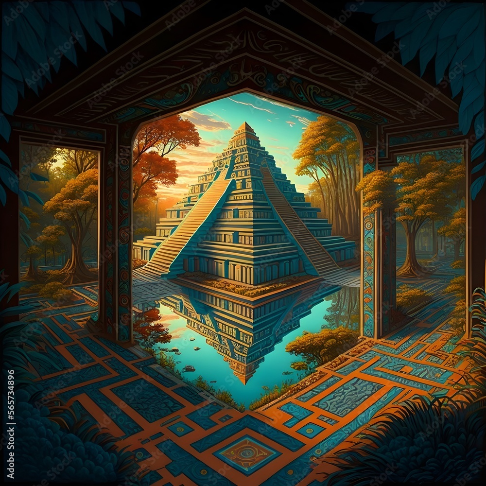 beautiful painting 3d perspective temple aztek temple shamin trees lsd ...