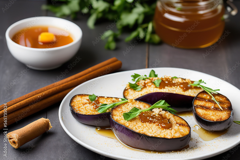 Baked aubergines with pesto and garlic and honey sauce, vegetarian background Baked aubergines with pesto and garlic and honey sauce, vegetarian background