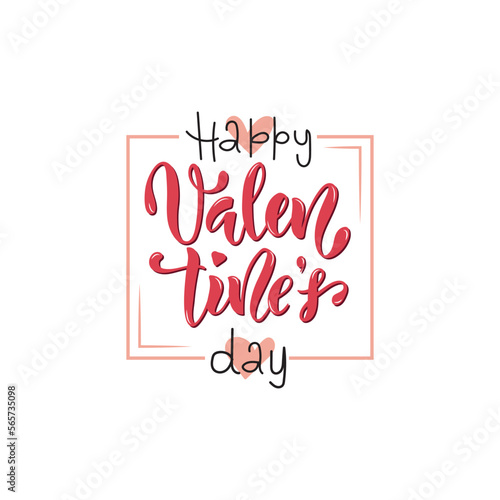 Happy Valentine's Day handwritten text. Hand lettering typography, modern brush ink calligraphy with pink hearts. Vector colorful illustration. Concept for greeting card, banner, poster, print
