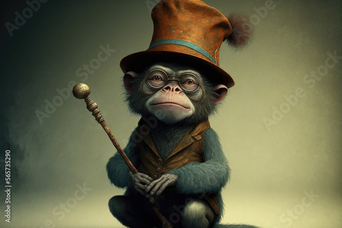 Funny and quirky monkey wearing a top hat and holding a cane, generative ai