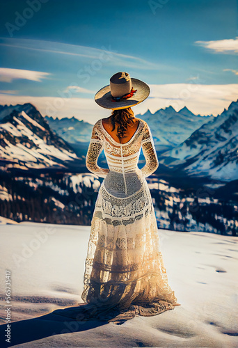 A woman in a white dress on the highest mountain.  Generative AI.
