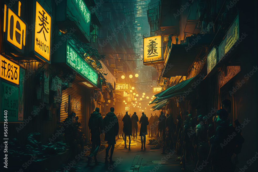 Cyberpunk city at night with traditional asian street signs glowing ...