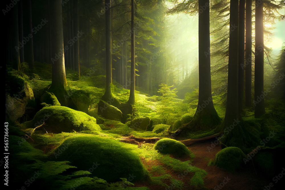 Green Forrest Landscape in Sunlight. AI generated