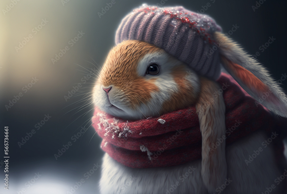 Cute Bunny wearing a Santa Claus outfit with scarf and hat in snow. Generate AI