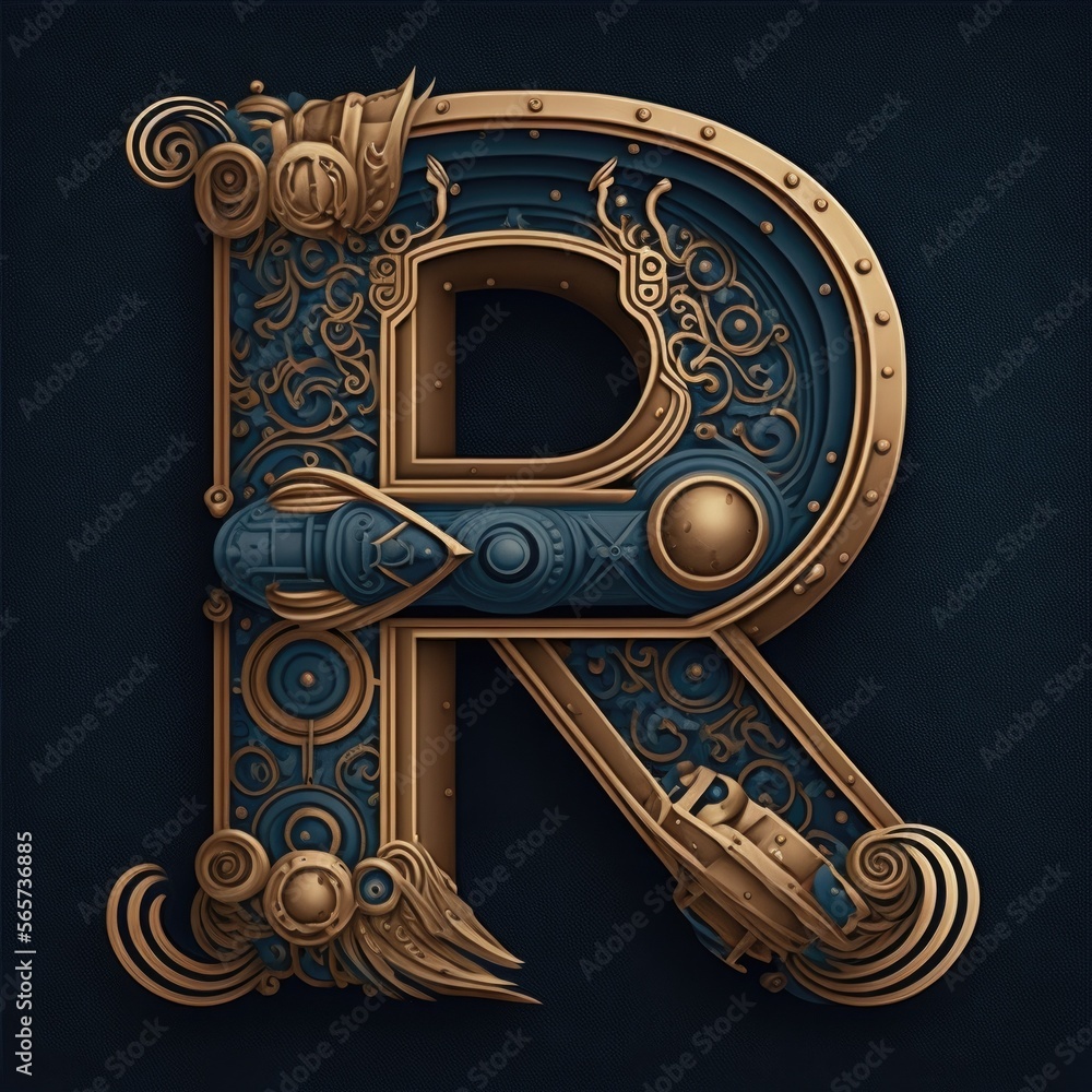 Capital letter R, steampunk alphabet in bronze metal and navy blue, AI ...