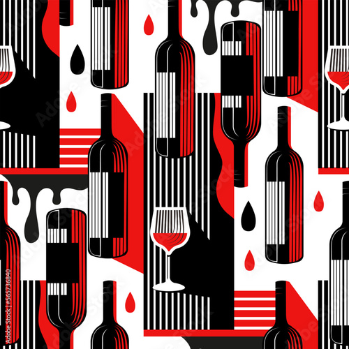 Red wine seamless vector pattern, drink bottle glass modern geometric background. Creative fashion wallpaper. Creative design.