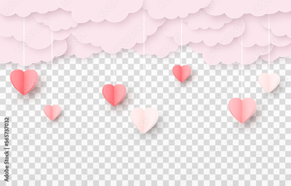 Vector multicolor hanging paper hearts png. Paper hearts on a pink sky background. Paper sky png. Valentine's Day, March 8, Mother's Day.