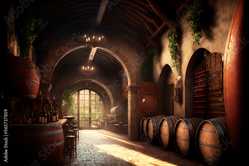 Old cellar with bottles and barrels making wine, generative ai
