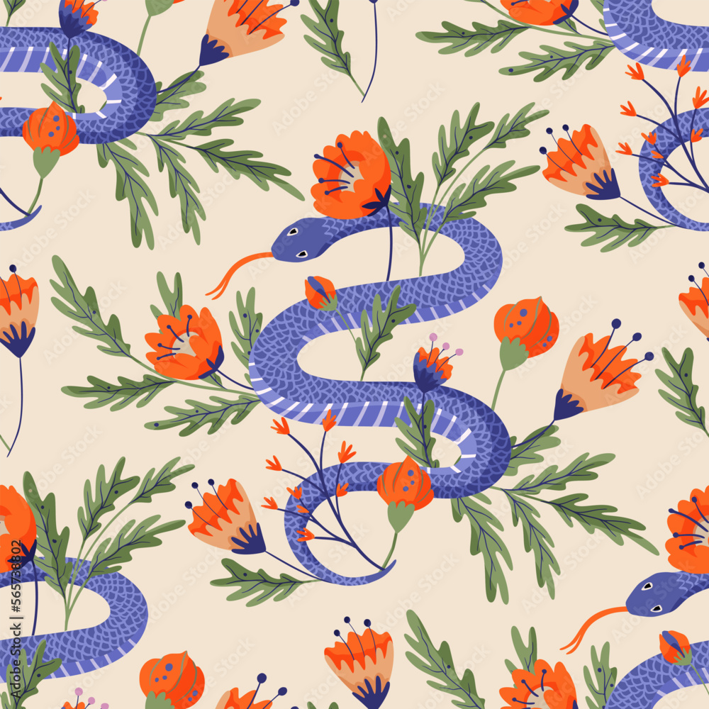 Obraz premium Wild snake vector exotic background, beautiful decoration flower seamless pattern . Vector illustration drawing.