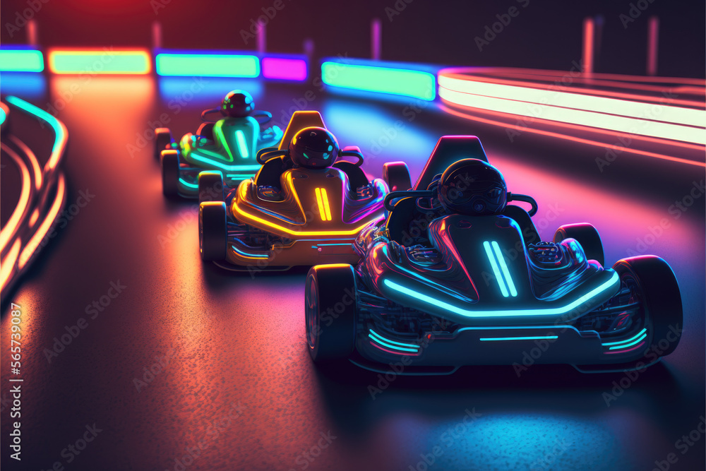 Go karts racing with neon lights — Generative AI - obrazy, fototapety, plakaty 