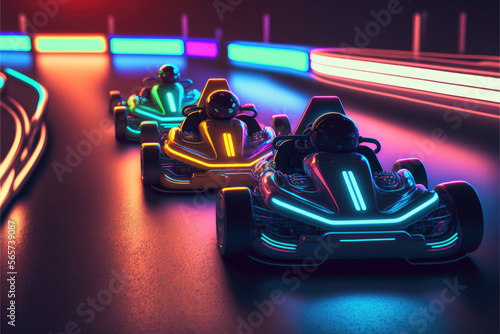Go karts racing with neon lights — Generative AI photo