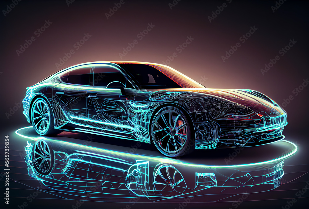 holographic sport car visualization in blue neon, generative ai