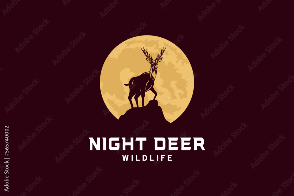 Wild deer logo design with vintage night moon background