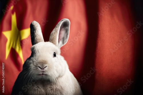 Picture of a rabbit, china flag, full background. Generative AI © AdriFerrer