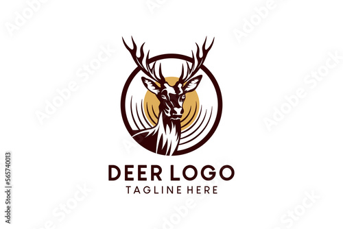 Wild deer logo design with vintage moon or sun background
