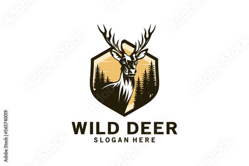 Wild deer logo design with vintage nature background