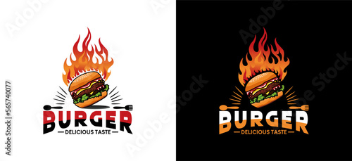 Hot burger logo design, buger and fire vector illustration