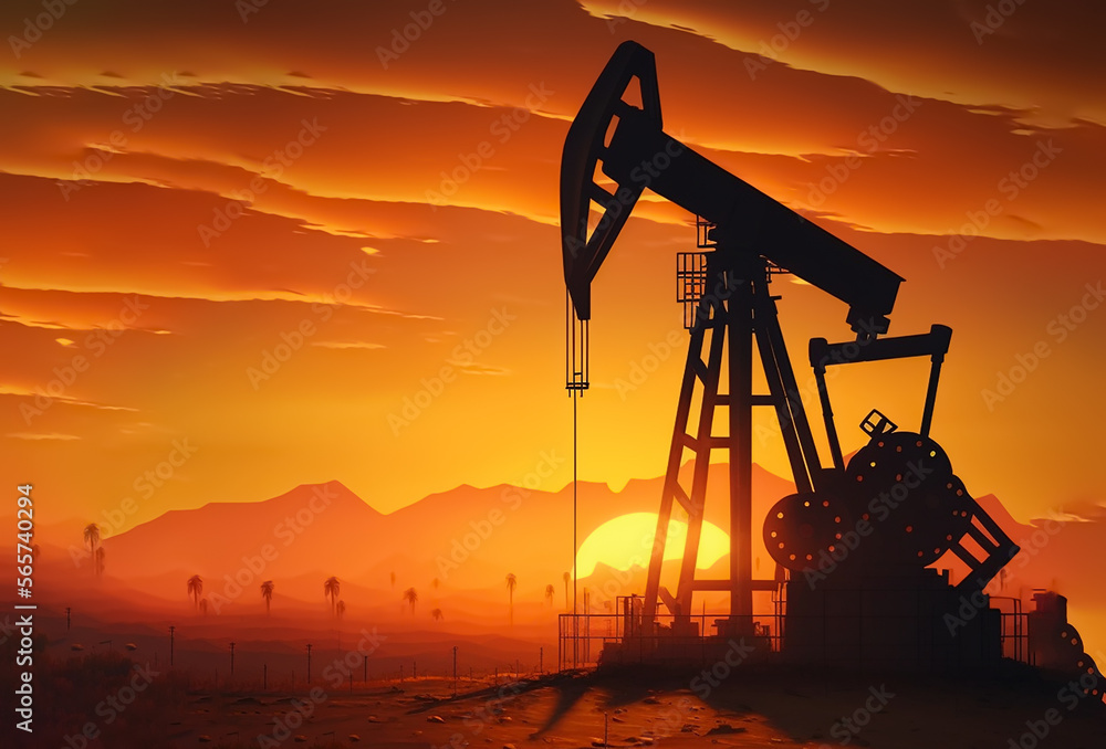 Crude oil Pumpjack on sunset. Generative Ai. Fossil crude output and fuels oil. Oil drill rig and drilling derrick. Global crude oil Prices, energy, petroleum demand (OPEC+). Pump jack at oilfield. Crude oil Pumpjack on sunset. Generative Ai. Fossil crude output and fuels oil. Oil drill rig and drilling derrick. Global crude oil Prices, energy, petroleum demand (OPEC+). Pump jack at oilfield.