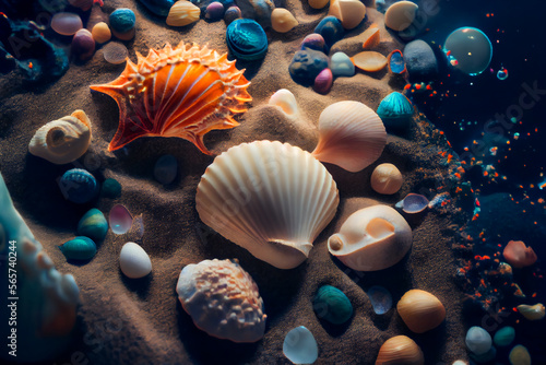 Close-Up Of Seashells Underwater. Generative AI.