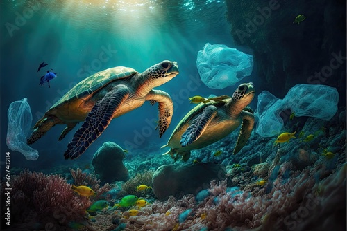 Turtles swimming between garbage bags. Generative AI