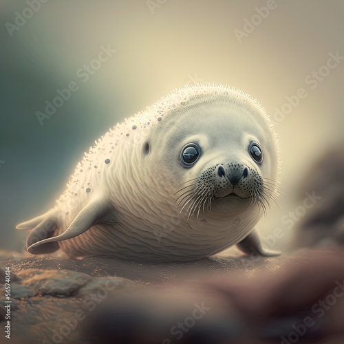 Cute baby seal portrait closeup. Generative AI illustration.
