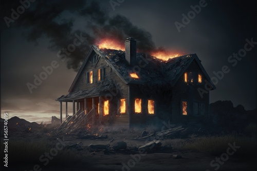 House on fire at night, 3D illustration, Generative AI illustrations