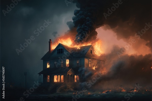 House on fire at night, 3D illustration, Generative AI illustrations