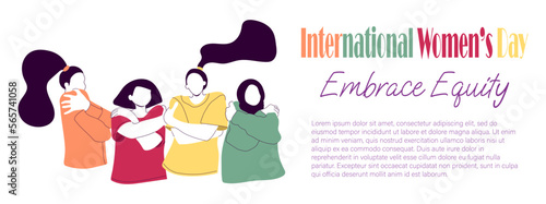 Embrace equity International women's day vector background. Diverse women hugging herself. Self love, self care and equality concept. Placard, poster, banner template