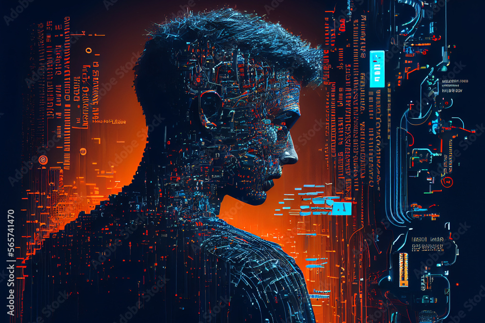 Künstliche Intelligenz mit Kabeln im Gesicht, Generative AI Stock ...