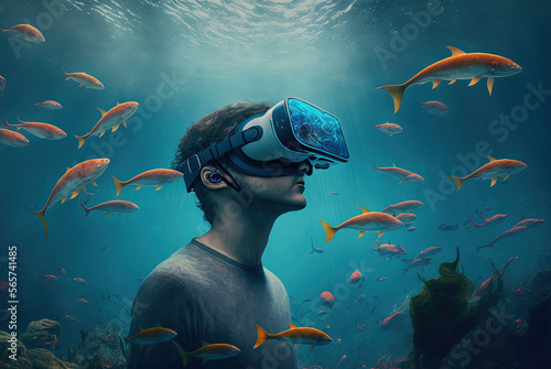 man visualizing ocean wearing VR goggles by generative AI