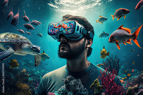man visualizing ocean wearing VR goggles by generative AI