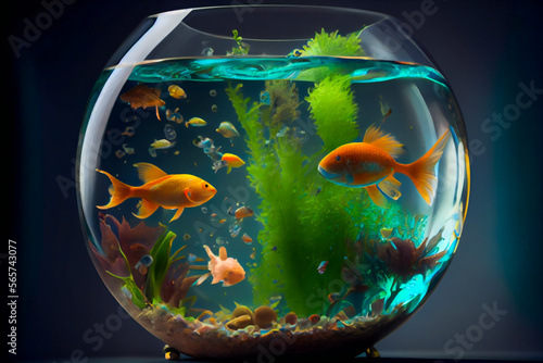 Beautiful fish in round glass aquarium.  Fish Swimming In Fishbowl. Generative AI.