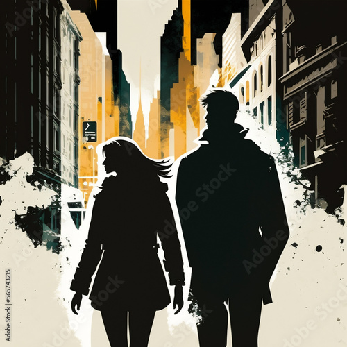 Couple waking in the city on valentines day, negative space art