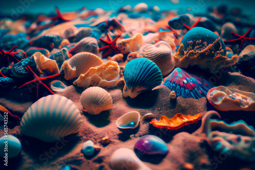 Seashells underwater background. Generative AI.