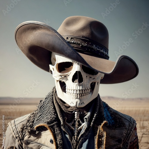 beautiful human skeleton in a cowboy hat, on a wasteland background, skull, fantasy, generated by AI