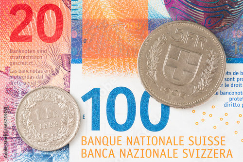 Swiss currency francs banknotes and coins close up